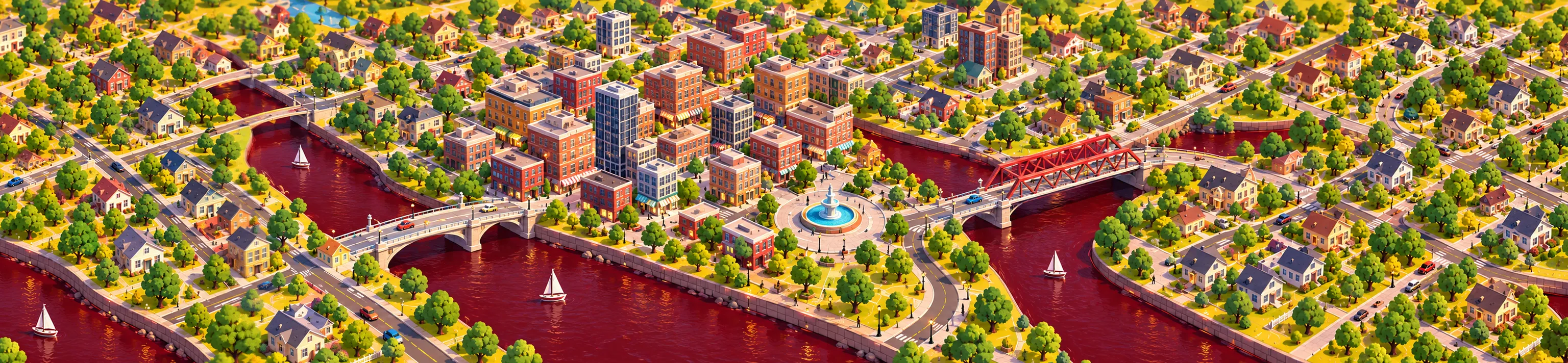 Isometric view of Mardenford: the wine-red Marden River, Bellwether and Foundry bridges, downtown and the plaza