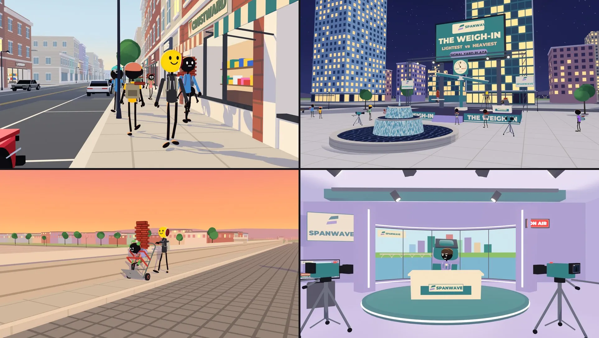 Four Blender sets from FunNotSoFun episodes: downtown street, plaza at night, bridge, studio